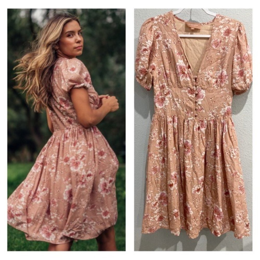 Jessakae Fairfarren Boho Cottagecore Prairie Floral Neutral Puff Sleeve Dress